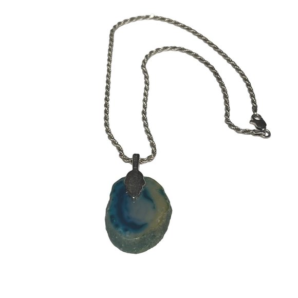 Sterling Silver Blue Agate Stone Pendant Necklace 16" - Picture 2 of 7